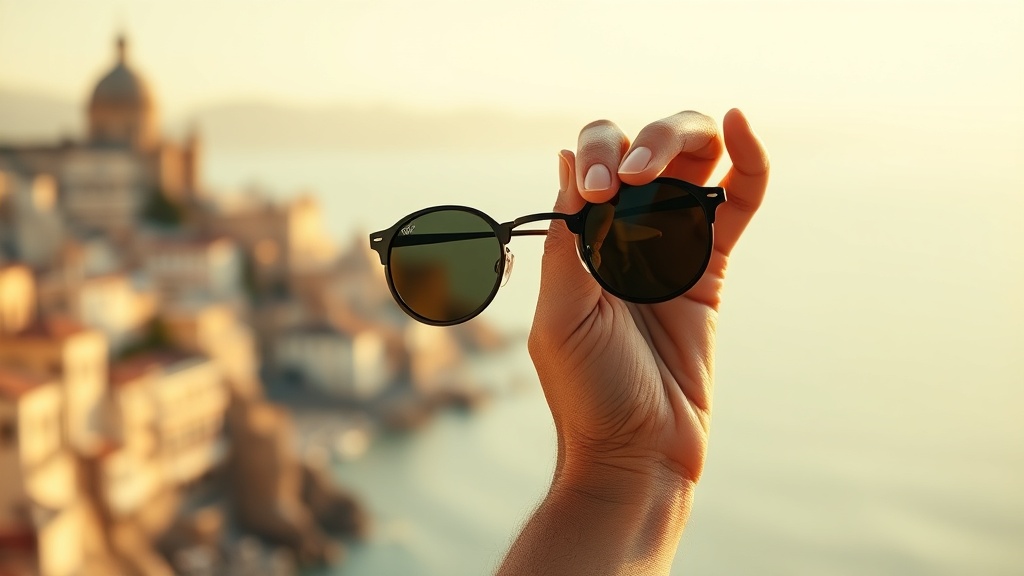 Hand holding classic round sunglasses against a warm European coastal backdrop in golden hour light