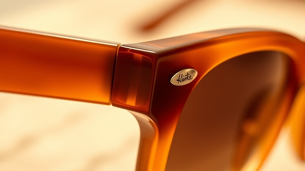 Close-up of a barrel hinge on quiet luxury sunglasses showing quality acetate and metal construction