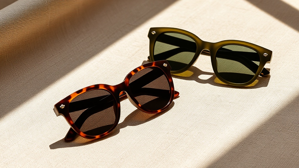 Two pairs of quiet luxury acetate sunglasses in tortoiseshell and olive green on a linen surface