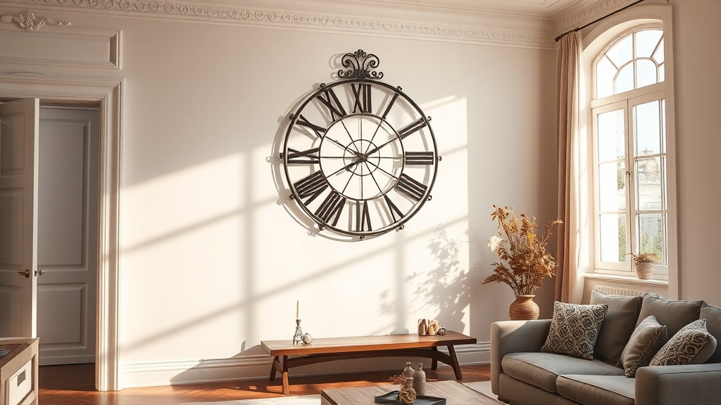 Large decorative metal wall clock on a white plaster wall in a bright minimalist living room