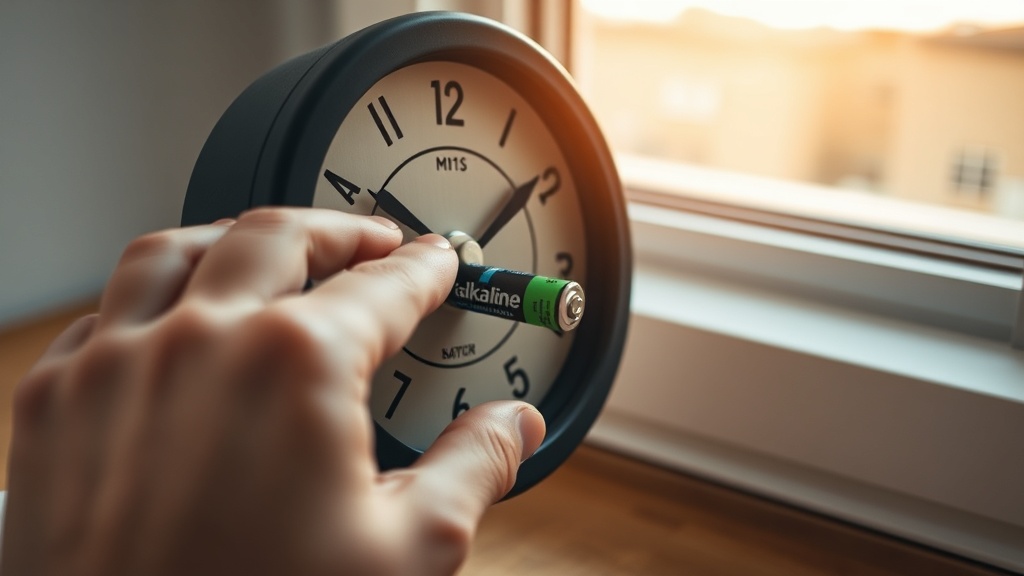 Hand inserting a fresh AA battery into the back compartment of a wall clock movement