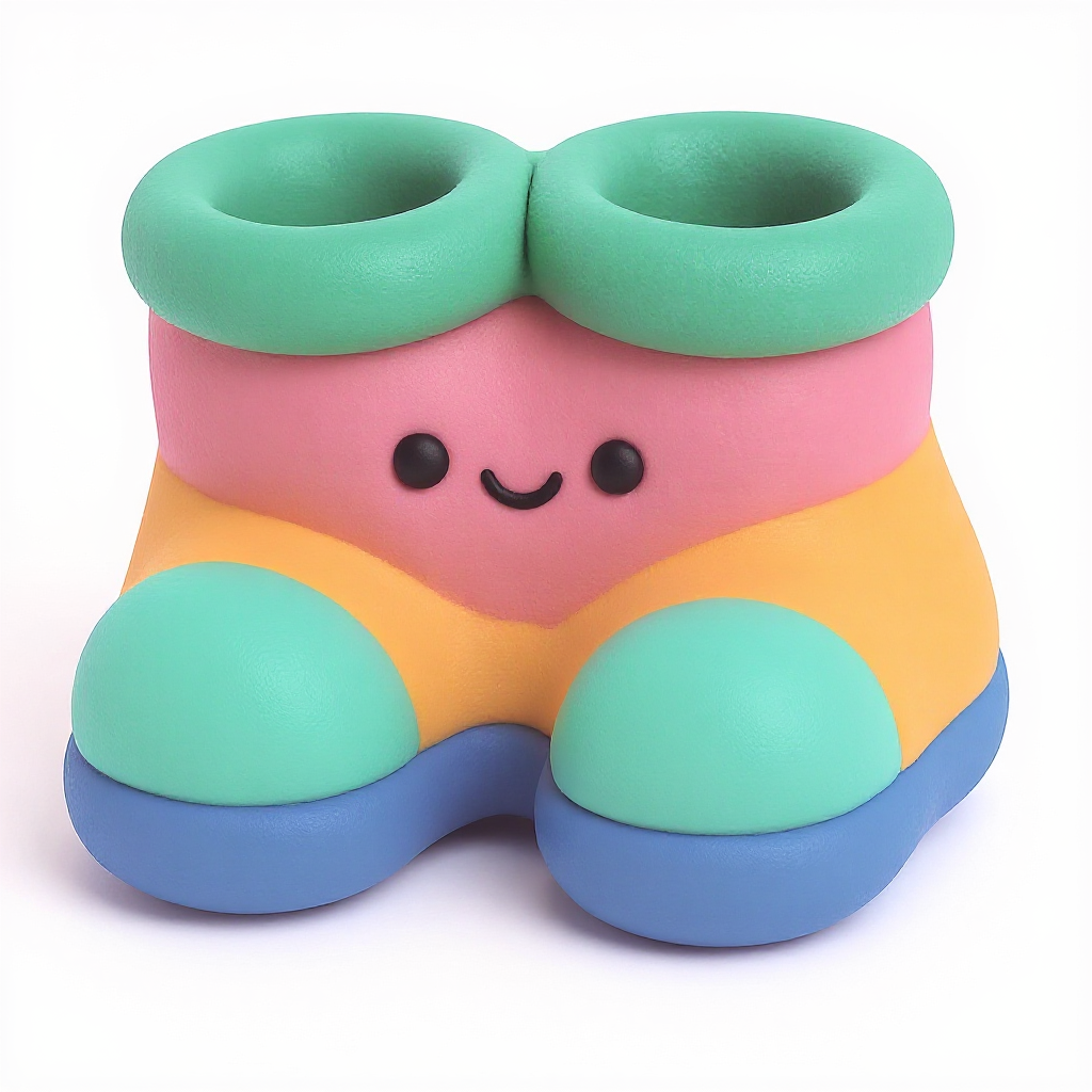 Puddlestomp — Puddlestomp is a rounded, multi-colored squishy boot with friendly eyes—warm, huggable, and perfectly safe for little hands.