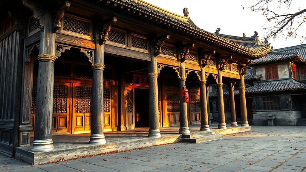 Façade d'un temple bouddhiste Tang en bois dans la campagne du Shanxi, Chine, lumière dorée de fin de journée