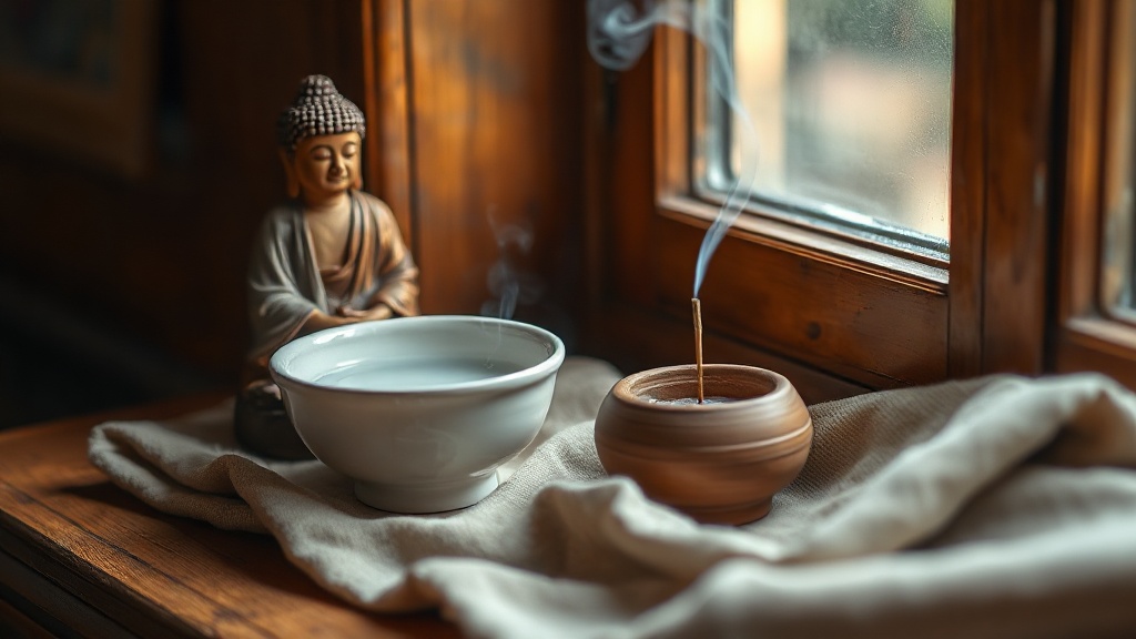 Small Tibetan-style home altar with carved Buddha figure, water offering bowl and incense, representing Kadampa practice objects