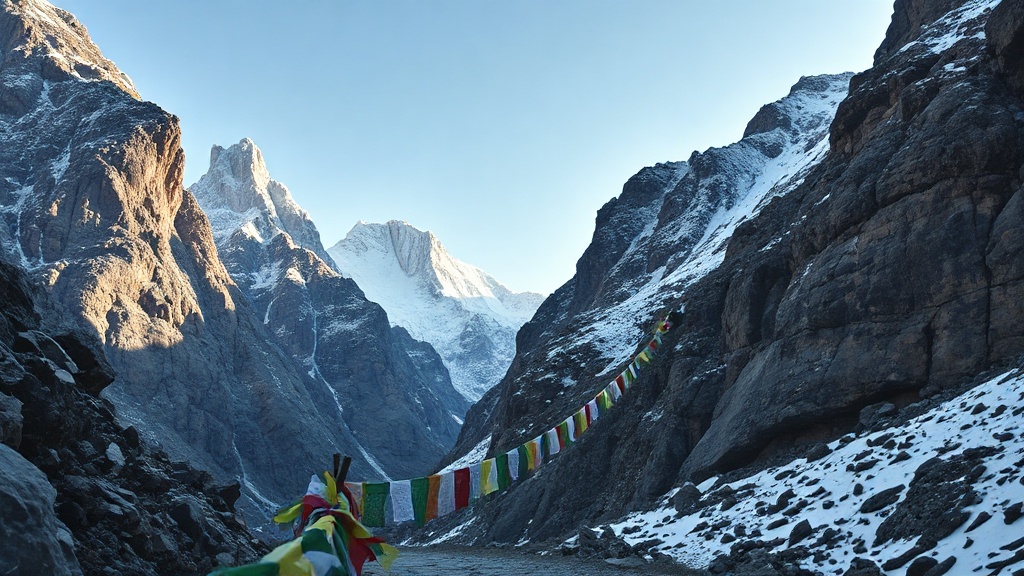 High Himalayan mountain pass with colorful prayer flags, evoking Atisha's crossing into Tibet in 1042 CE