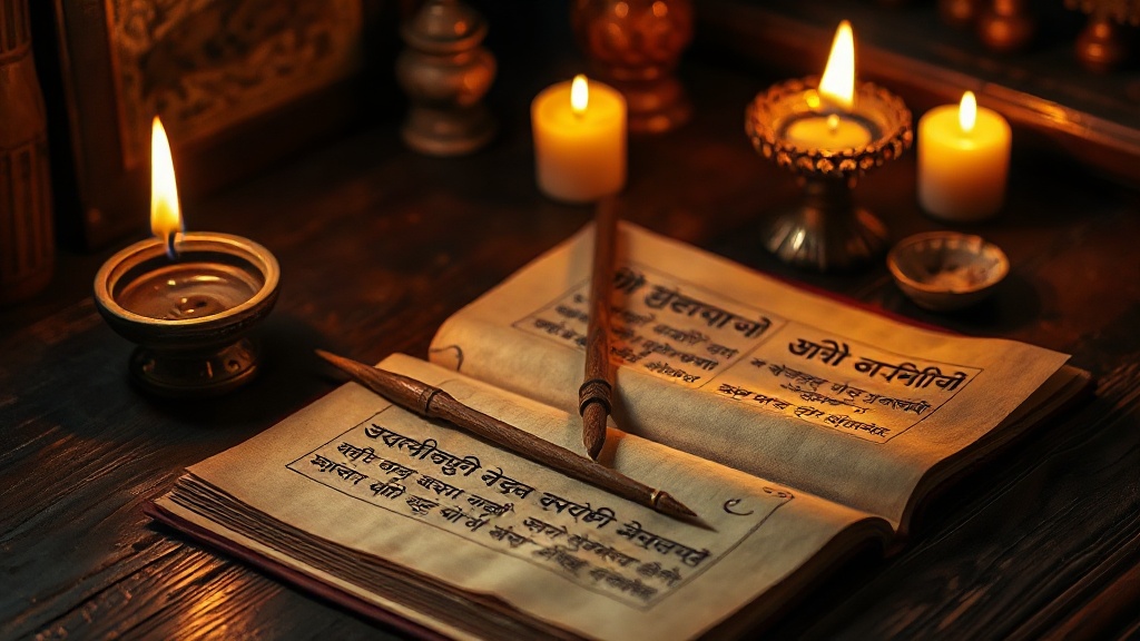 Ancient Sanskrit manuscript pages illuminated by a traditional oil lamp, evoking the Indian monastic scholarship of Atisha's training