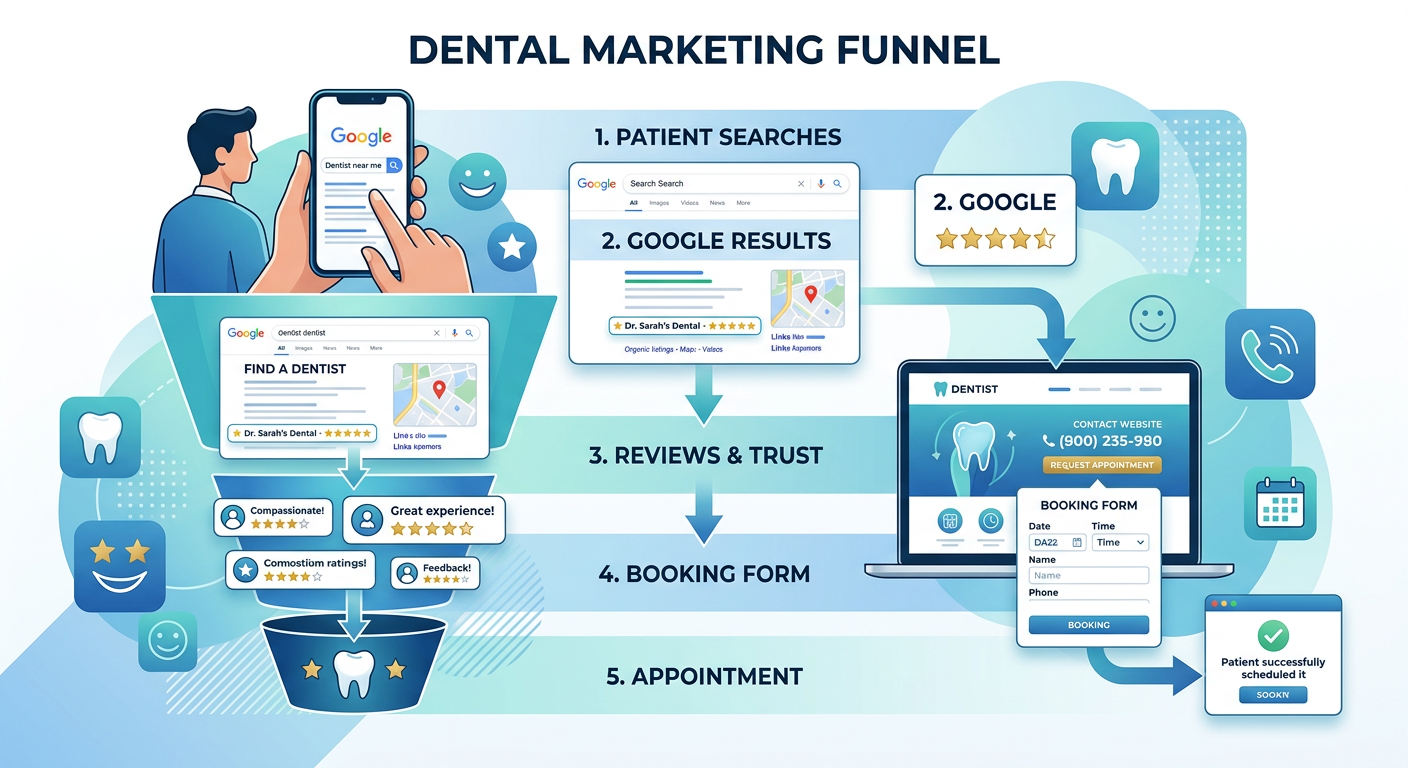 Modern illustration of a dental marketing funnel showing a patient searching on mobile, moving through Google results, rev...