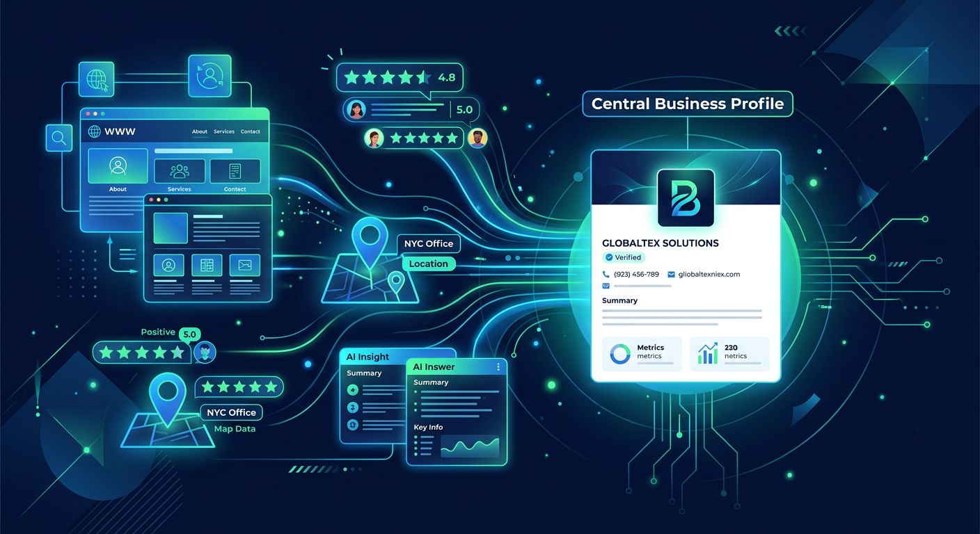 A modern abstract illustration of connected website pages, review stars, location pins, and AI answer cards flowing into o...
