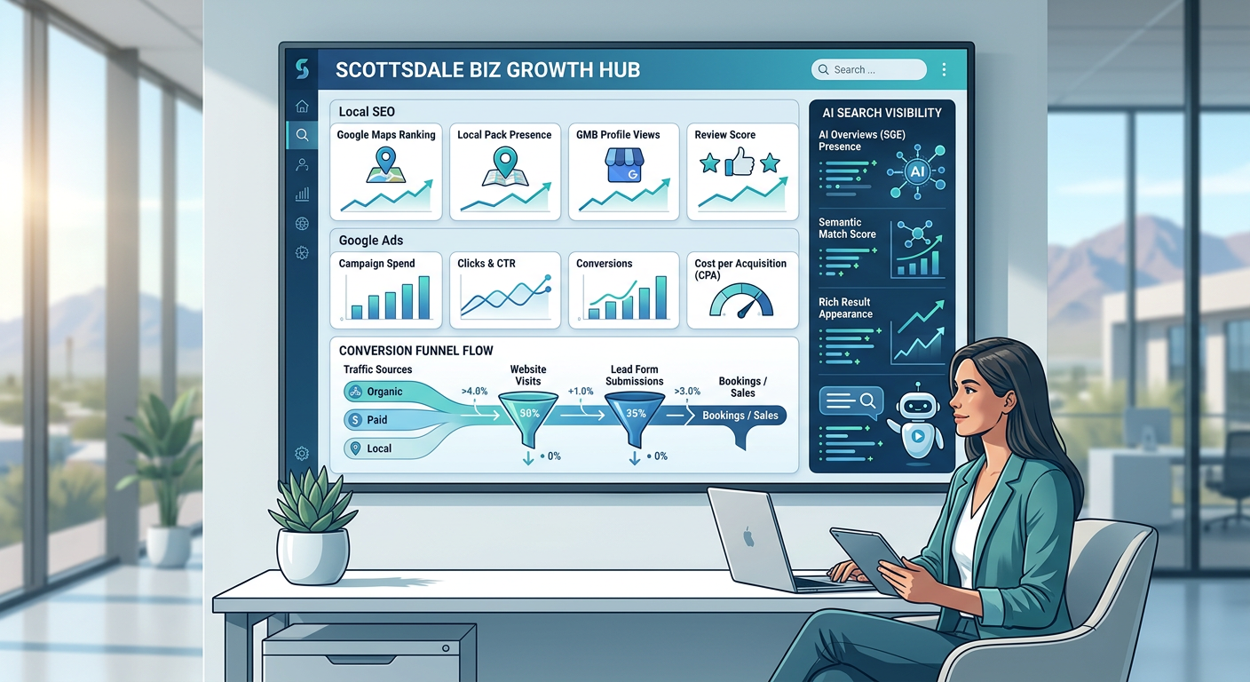 Modern illustrative dashboard showing local SEO, Google Ads, AI search visibility, and conversion funnel flow for a Scotts...