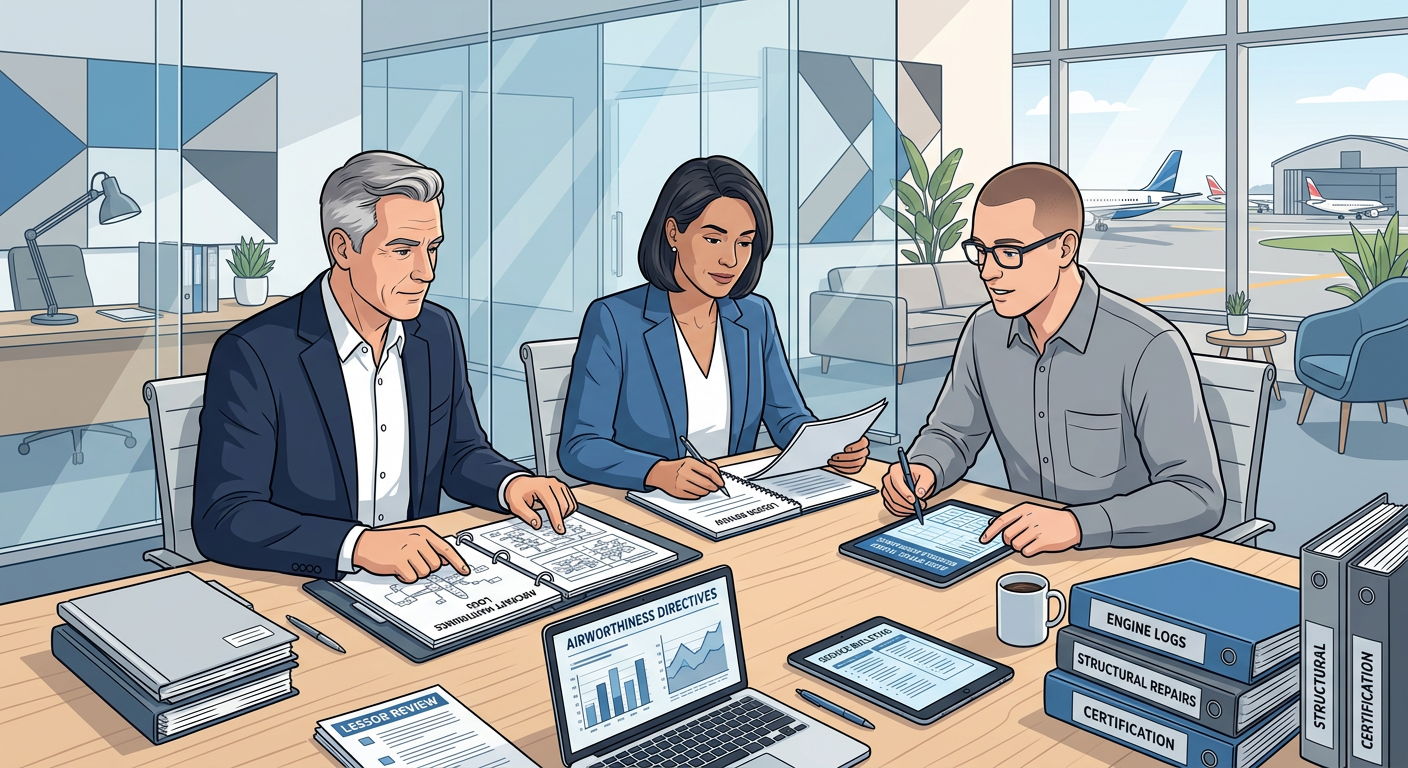 A clean modern office scene with a maintenance director, lessor representative, and technical auditor reviewing aircraft r...