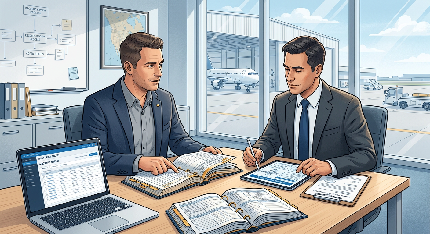 Modern editorial illustration of an aircraft records review workflow, showing a maintenance director and DAR-style inspect...