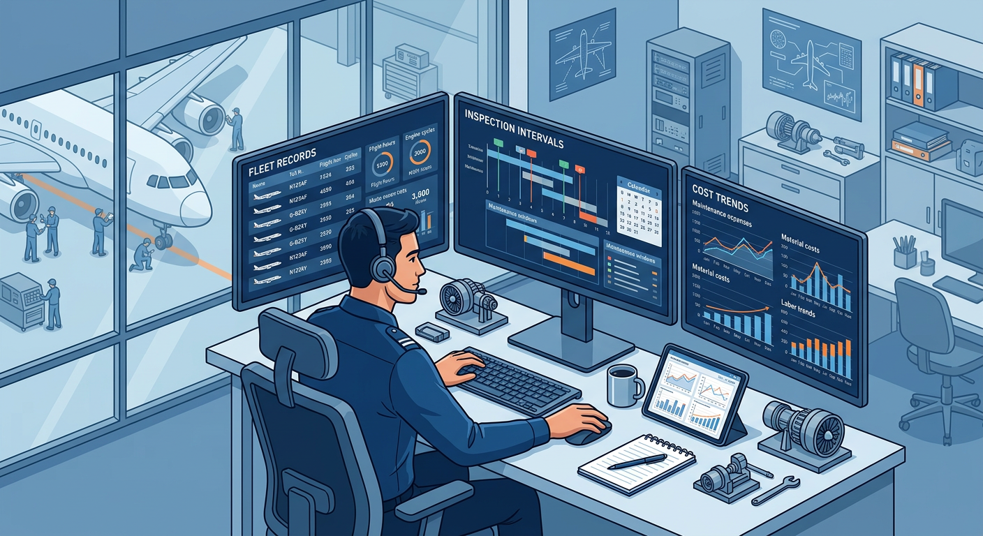 Modern data-driven aviation maintenance planning scene with a maintenance analyst comparing fleet records, inspection inte...