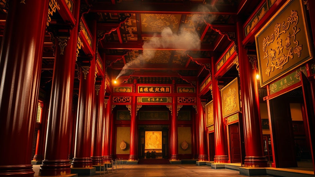Intérieur de la Grande Salle du Dharma au Temple de Jing'an, colonnes rouges et plafond doré aux dragons
