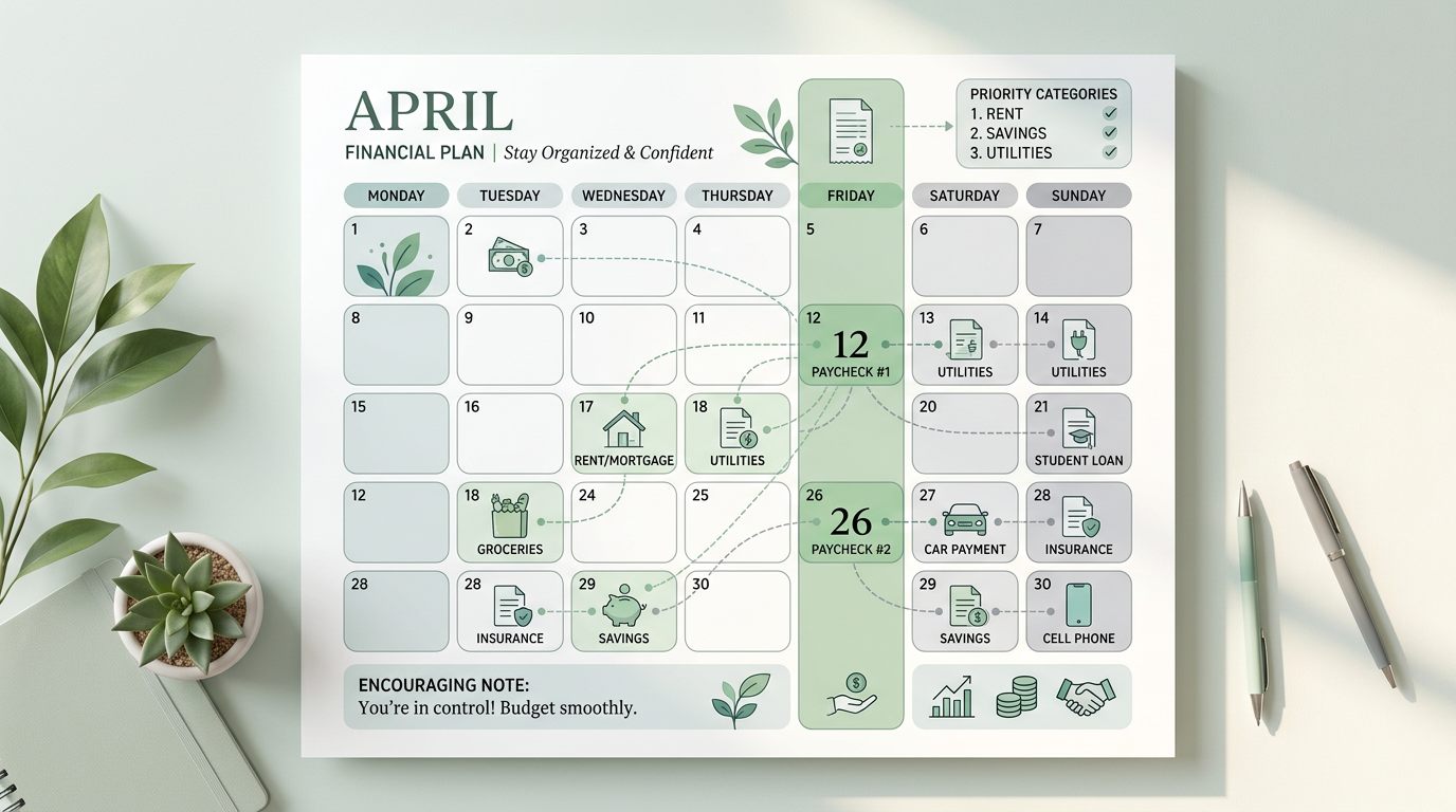 A clean, modern illustrative scene of two paycheck columns on a calendar, with bills connected by soft lines and highlight...