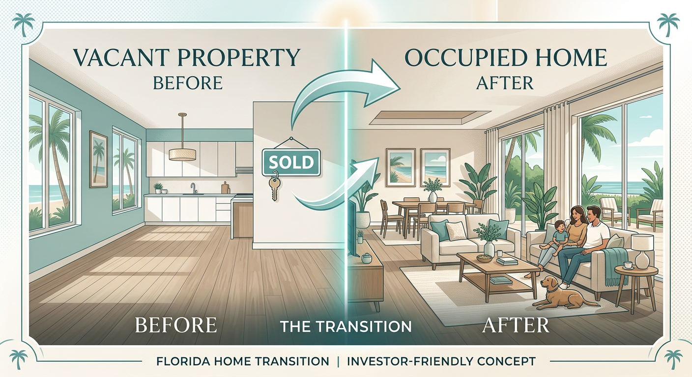 Elegant split-scene real estate concept showing a sold Florida home transition, with one side occupied and one side empty,...