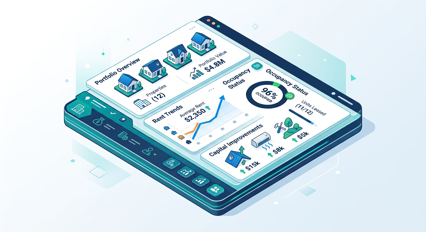 Modern isometric illustration of a property portfolio dashboard with multiple homes, rent trends, occupancy indicators, an...
