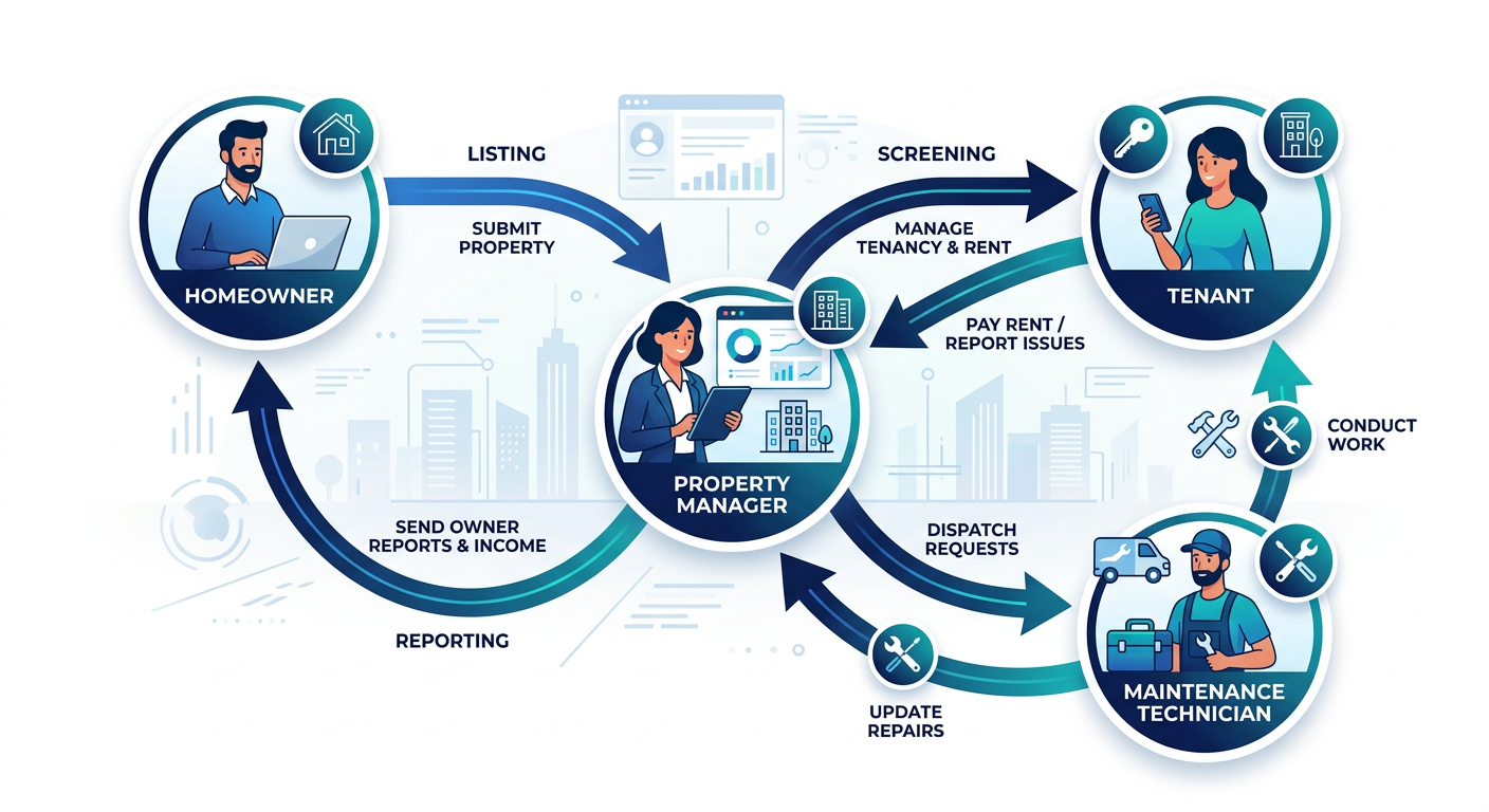 Modern illustration of a rental property management workflow with a homeowner, tenant, maintenance technician, and propert...