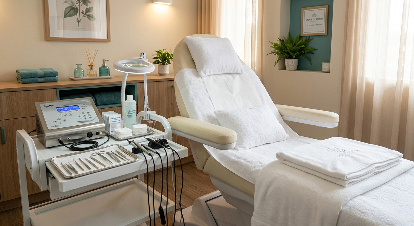 Transgender Hair Removal Scottsdale: What To Expect | Electrolysis Permanent Hair Removal in Phoenix | Senza Pelo Med Spa Close-up photorealistic scene of an electrolysis treatment room with a modern treatment chair, clean tools, soft white lin...