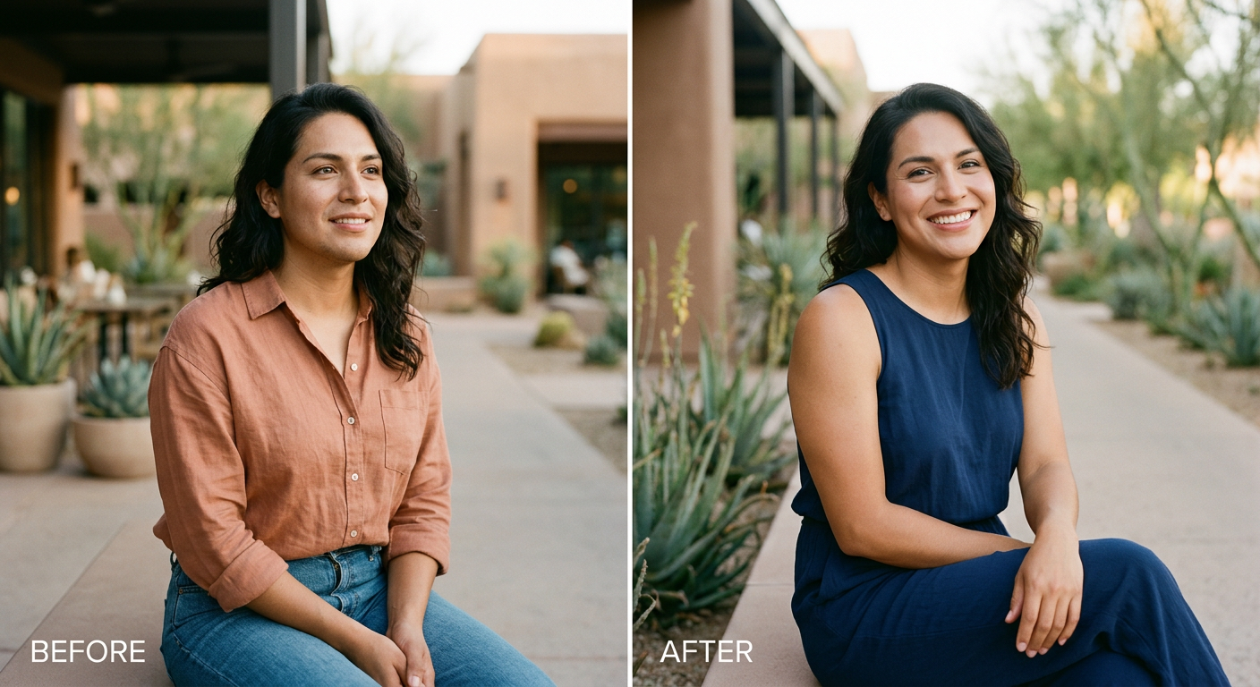 Transgender Hair Removal Scottsdale: What To Expect | Electrolysis Permanent Hair Removal in Phoenix | Senza Pelo Med Spa Photorealistic side-by-side lifestyle scene showing a confident transgender adult in Scottsdale before and after hair remo...