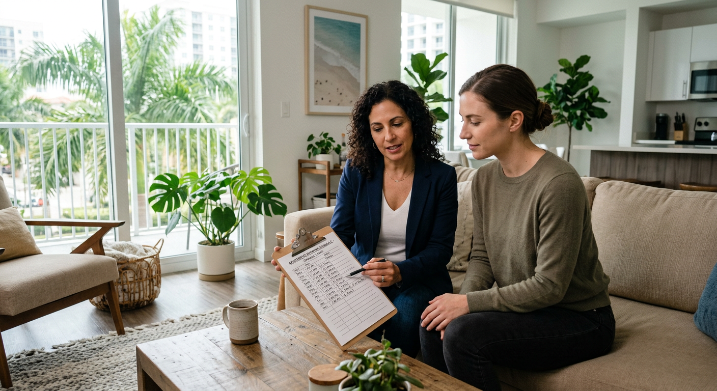 Modern documentary-style scene inside a bright Florida living room with a tenant and real estate professional reviewing a ...
