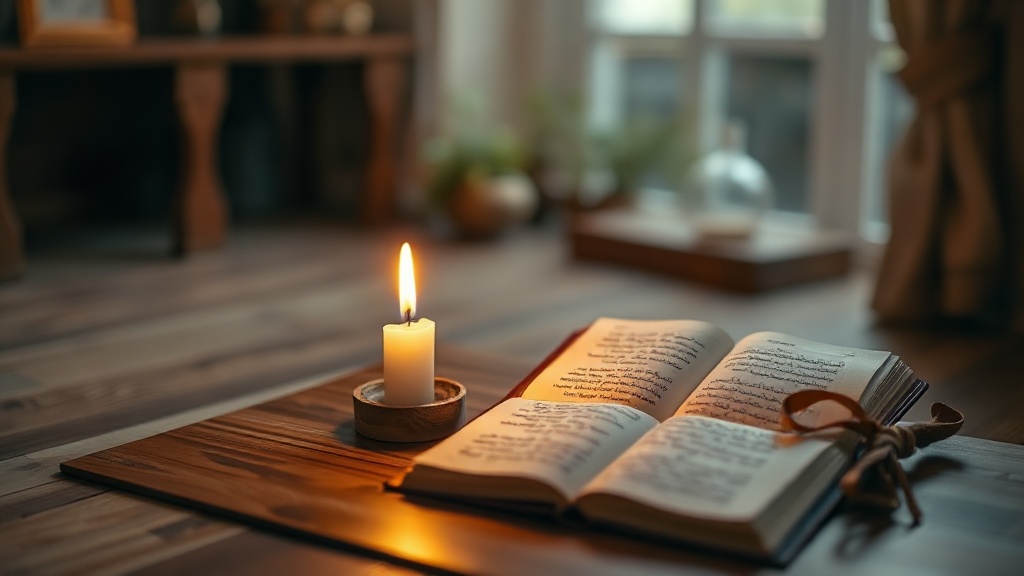 Bougie allumée et livre de prières pour une séance de méditation bouddhiste nocturne