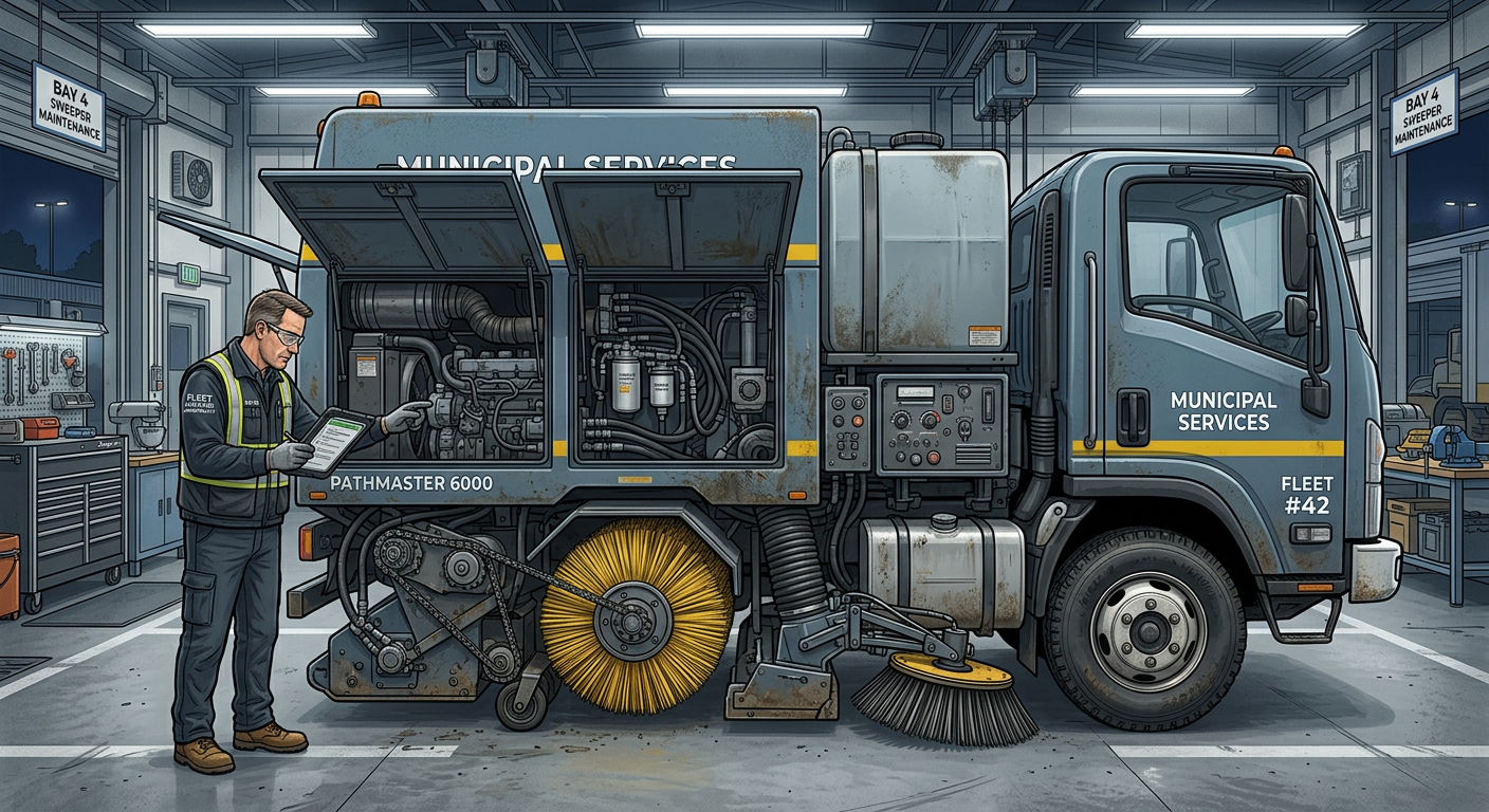 Detailed side-view illustration of a mechanical broom street sweeper being inspected by a fleet manager in a municipal yar...