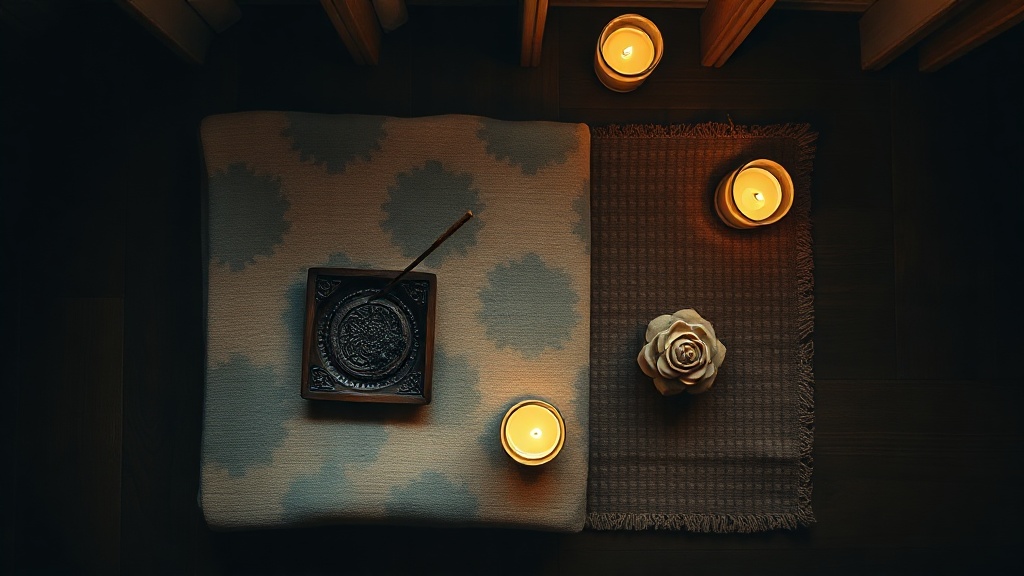 Espace de méditation nocturne avec encens et fleur de lotus sculptée