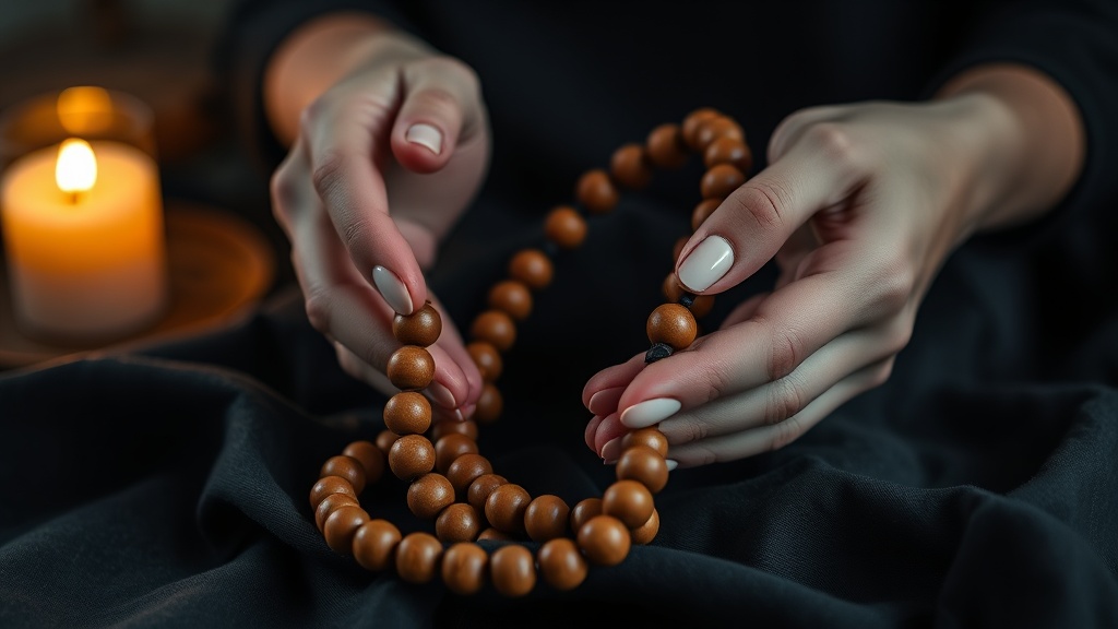 Mala tibétain en bois tenu entre les mains lors d'une prière bouddhiste du soir