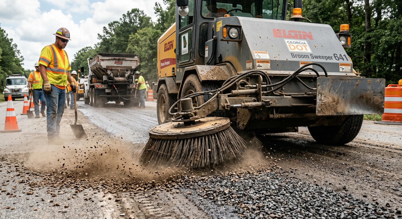 Realistic in-content image of a mechanical broom sweeper operating beside a chip seal crew on a Georgia roadway, close-up ...