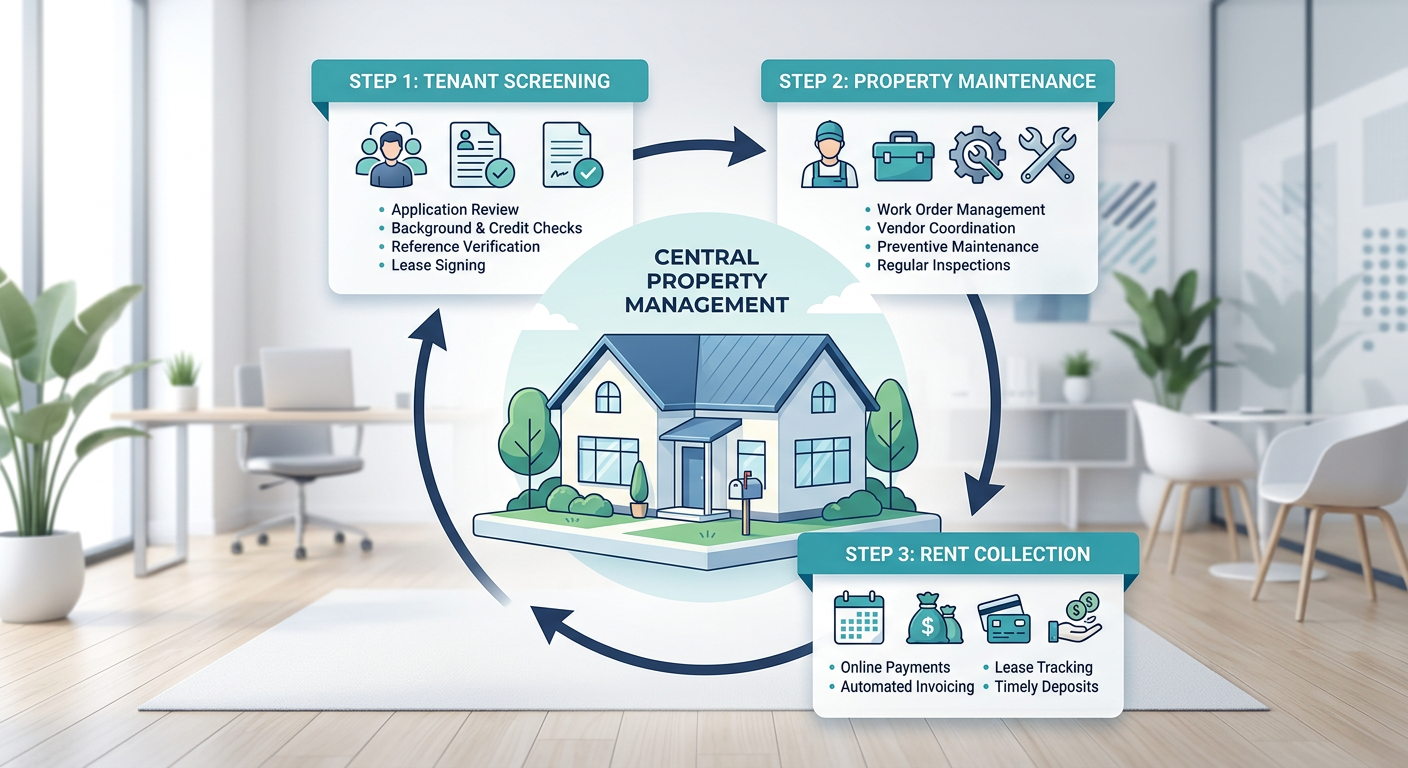 Clean modern illustration of a property management process flowing from tenant screening to maintenance to rent collection...