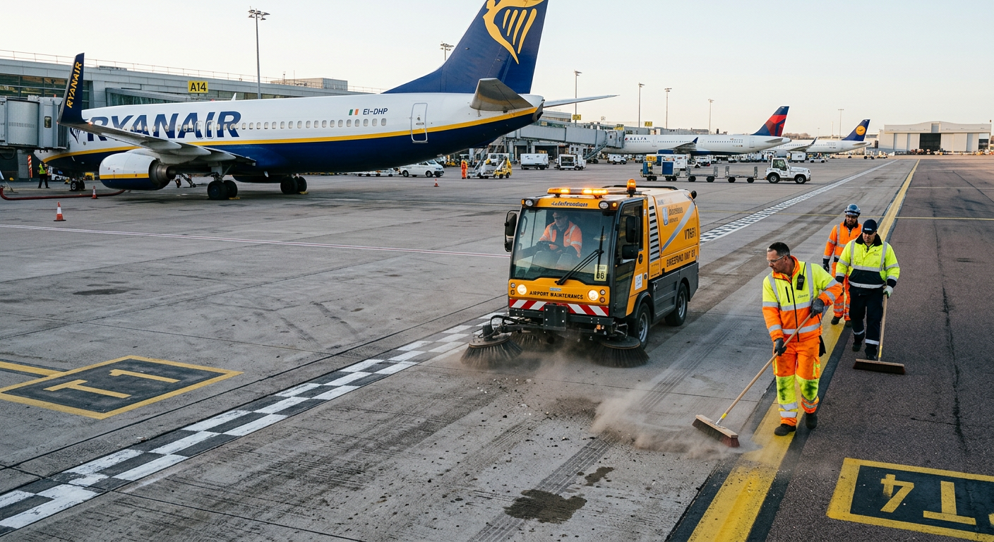 Detailed photorealistic scene of an airport maintenance crew sweeping a taxiway beside a parked commercial jet, with a mec...