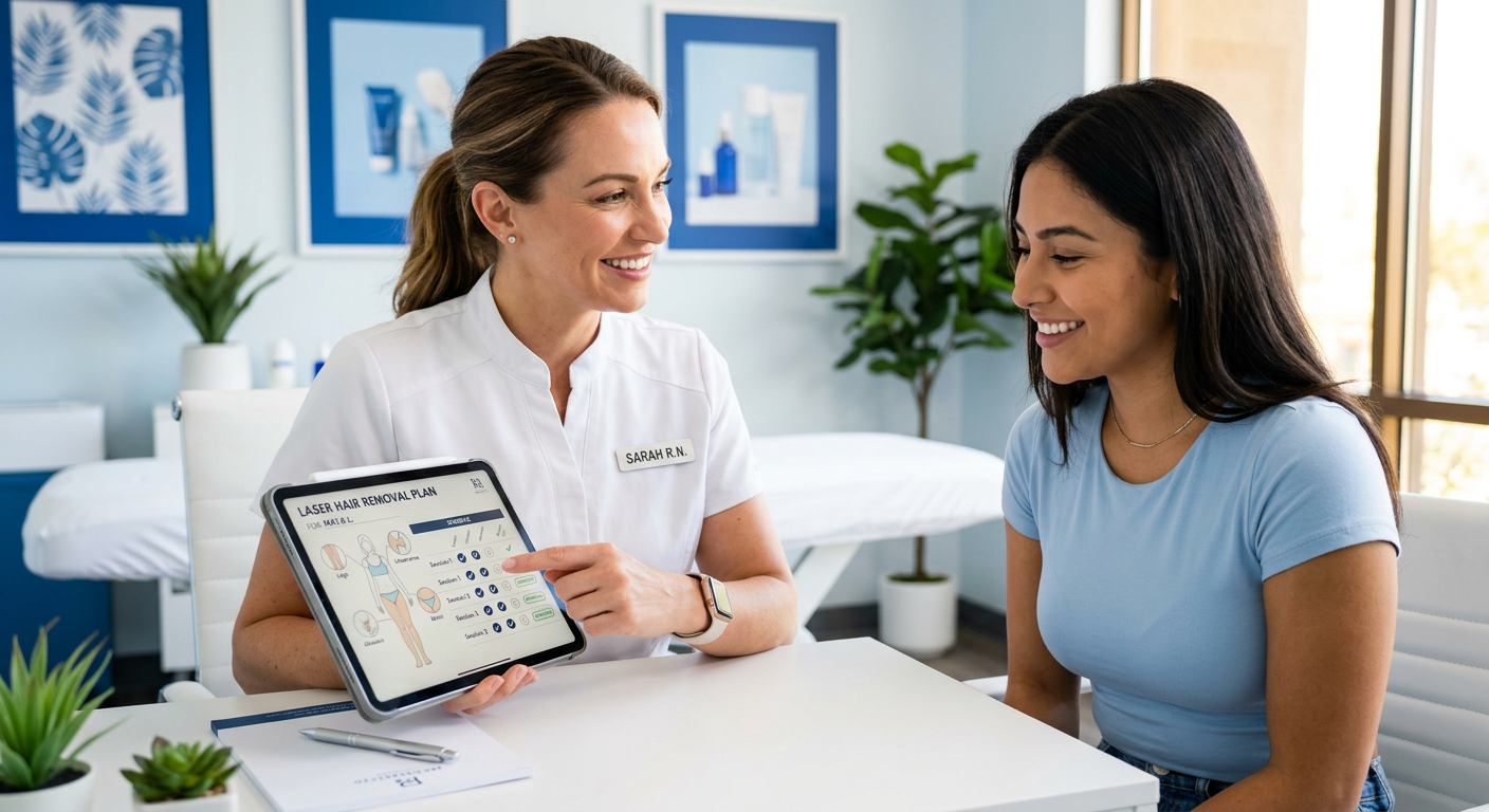 Permanent Hair Removal Phoenix: What To Expect At Every Step | Electrolysis Permanent Hair Removal in Phoenix | Senza Pelo Med Spa close-up photorealistic scene of a treatment consultation, with a client and technician reviewing a hair removal plan on a...