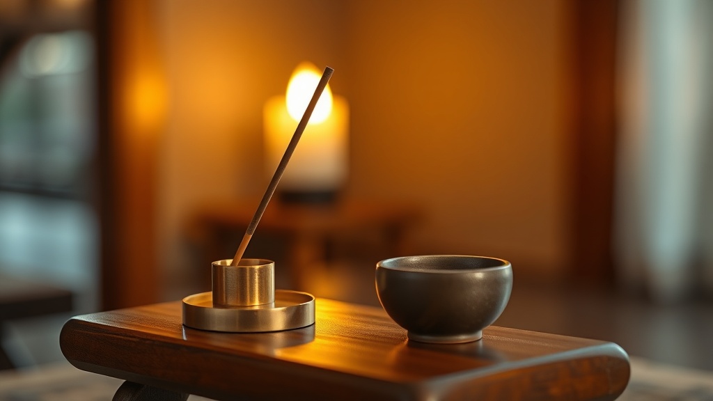 Japanese incense stick burning beside a small offering bowl on a home Buddhist altar