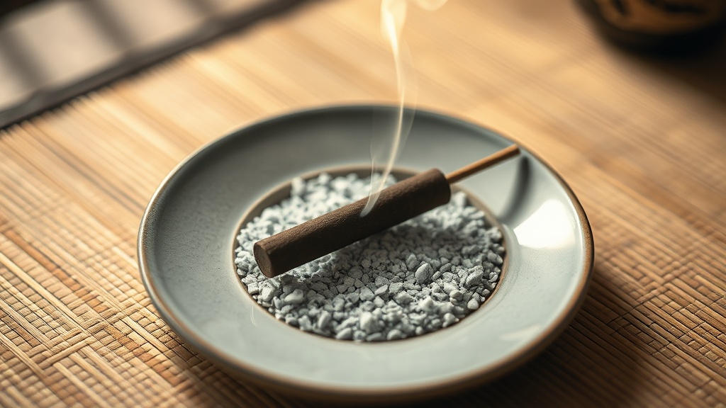 Japanese incense coil smoldering on a ceramic ash plate, producing a thin rising thread of smoke