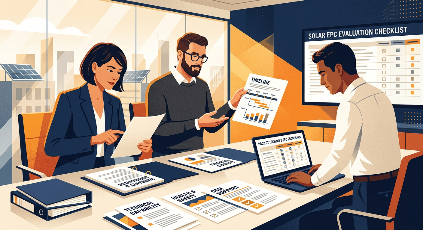 Independent Solar | How To Find A Reliable Solar EPC Partner For Business Modern editorial-style illustration of a solar EPC evaluation checklist in a commercial boardroom, with three professional...