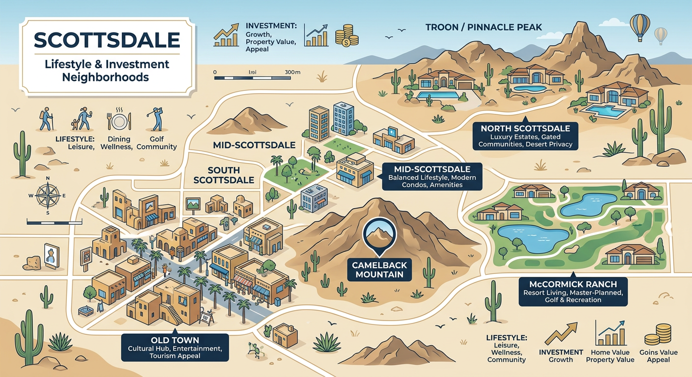 Modern illustrative map-style scene showing Scottsdale neighborhoods highlighted by lifestyle and investment appeal, with ...