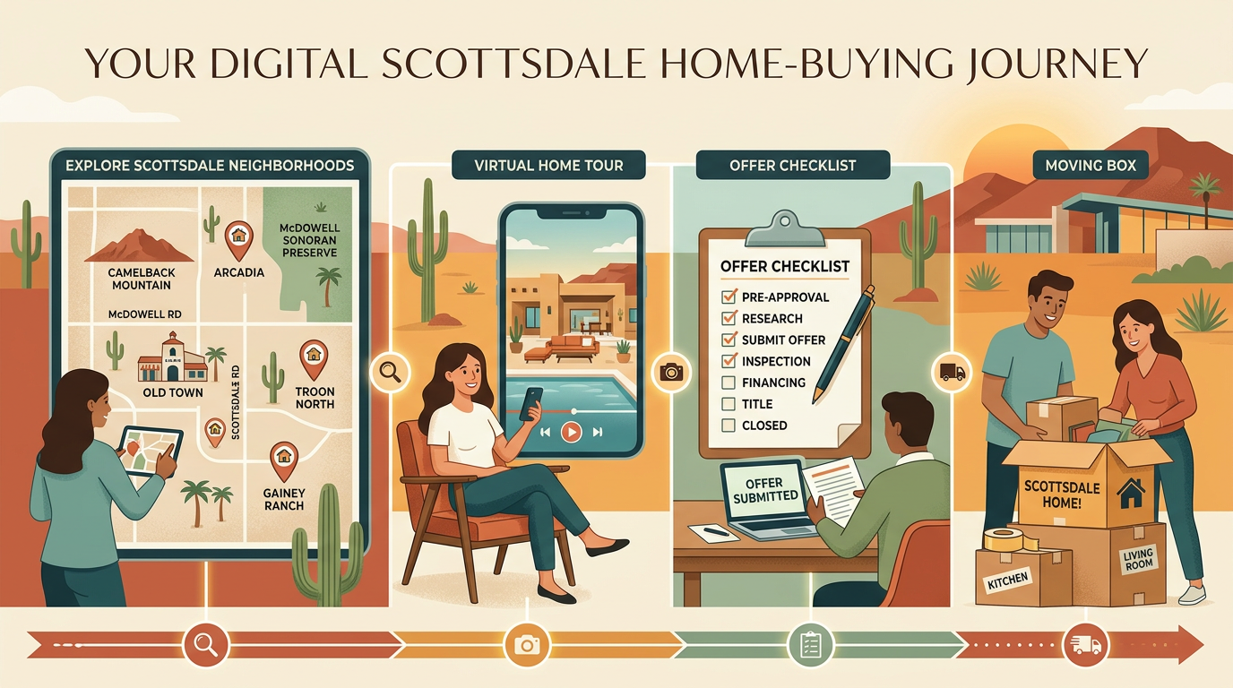 A clean, modern illustration of a digital home-buying workflow with a map of Scottsdale, a virtual video tour on a phone, ...