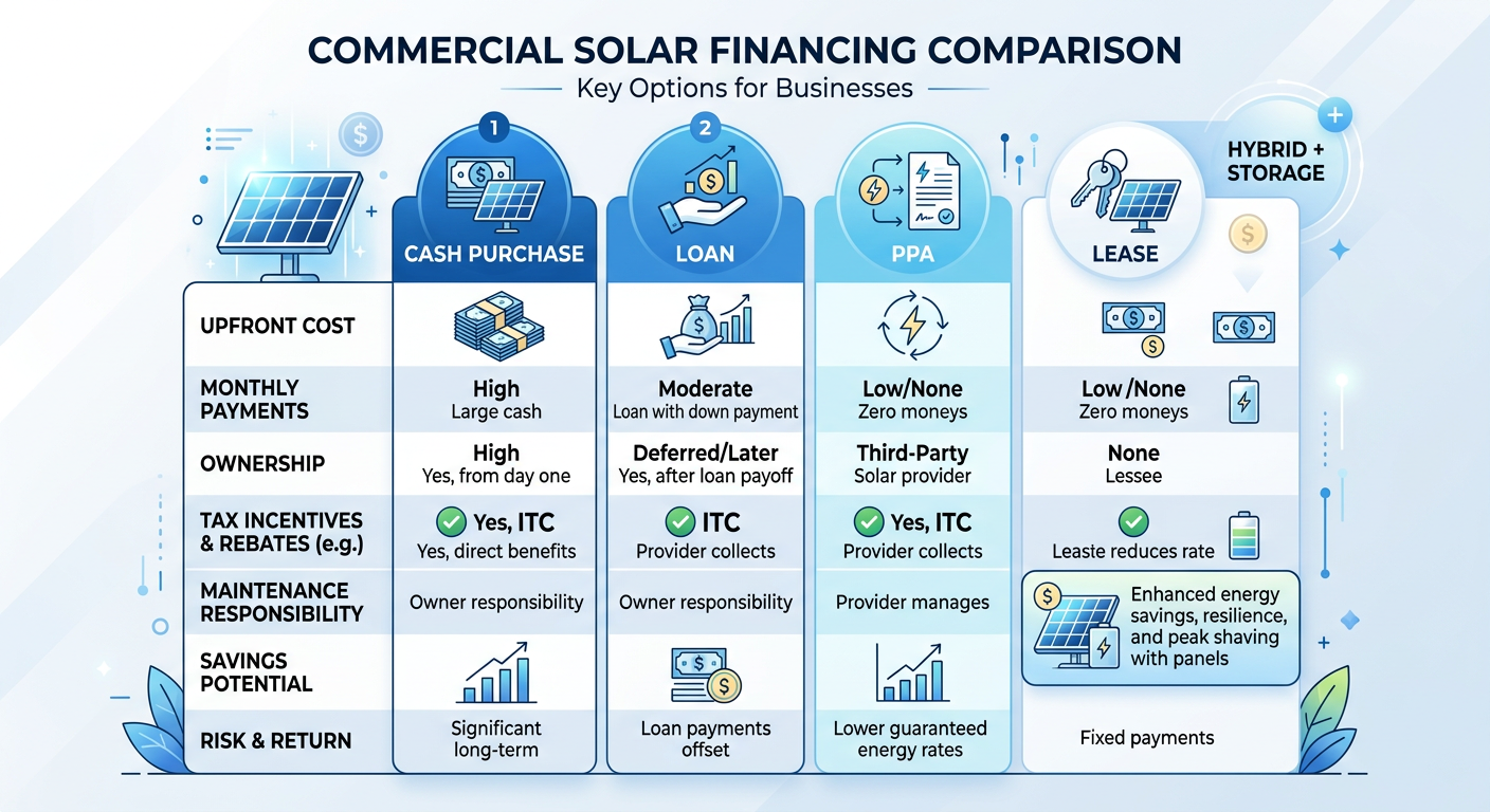 Independent Solar | Commercial Solar Financing Options for Businesses That Work Modern infographic-style illustration of a commercial solar financing comparison table showing cash purchase, loan, PPA, l...