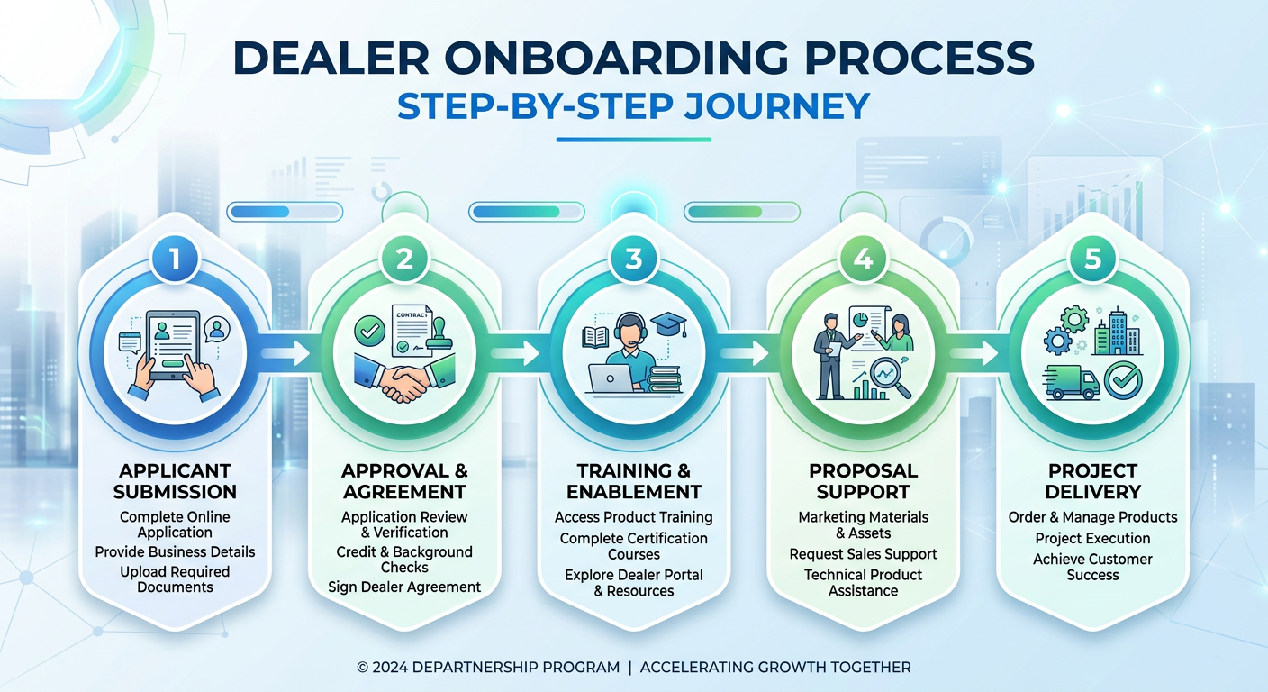 Modern infographic-style visual of a simple step-by-step dealer onboarding process, showing application, approval, trainin...