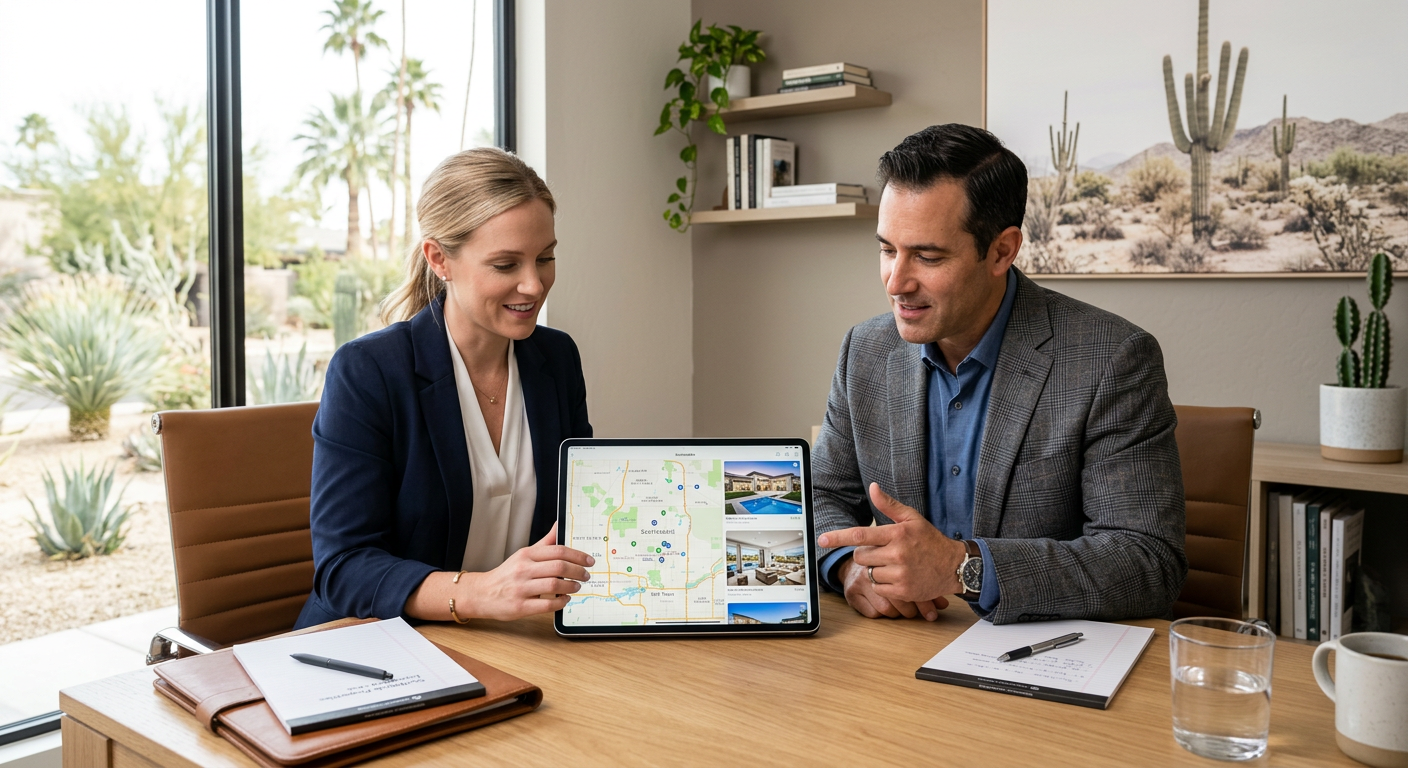 Photorealistic in-content scene of an investor and real estate agent reviewing a Scottsdale property map and listing photo...
