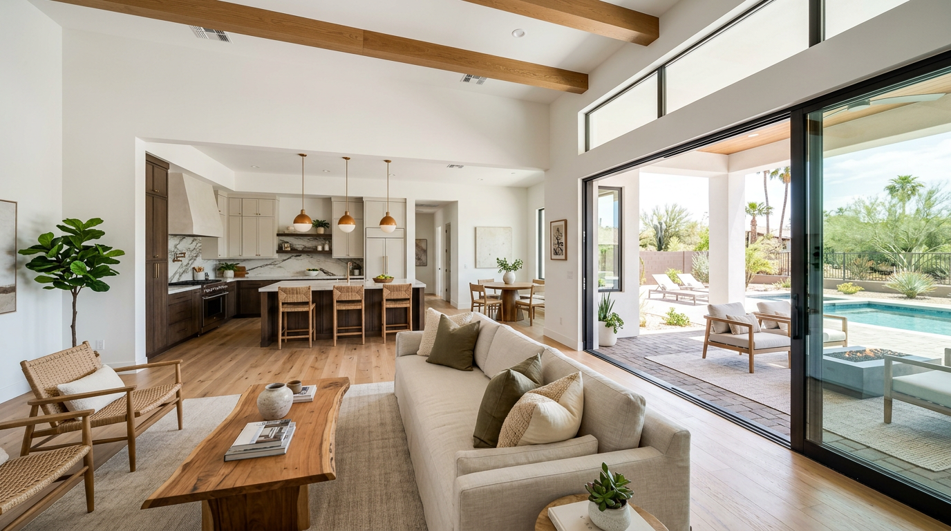 A bright interior of a modern Scottsdale single-story home with an open-concept kitchen, living room, and sliding glass do...