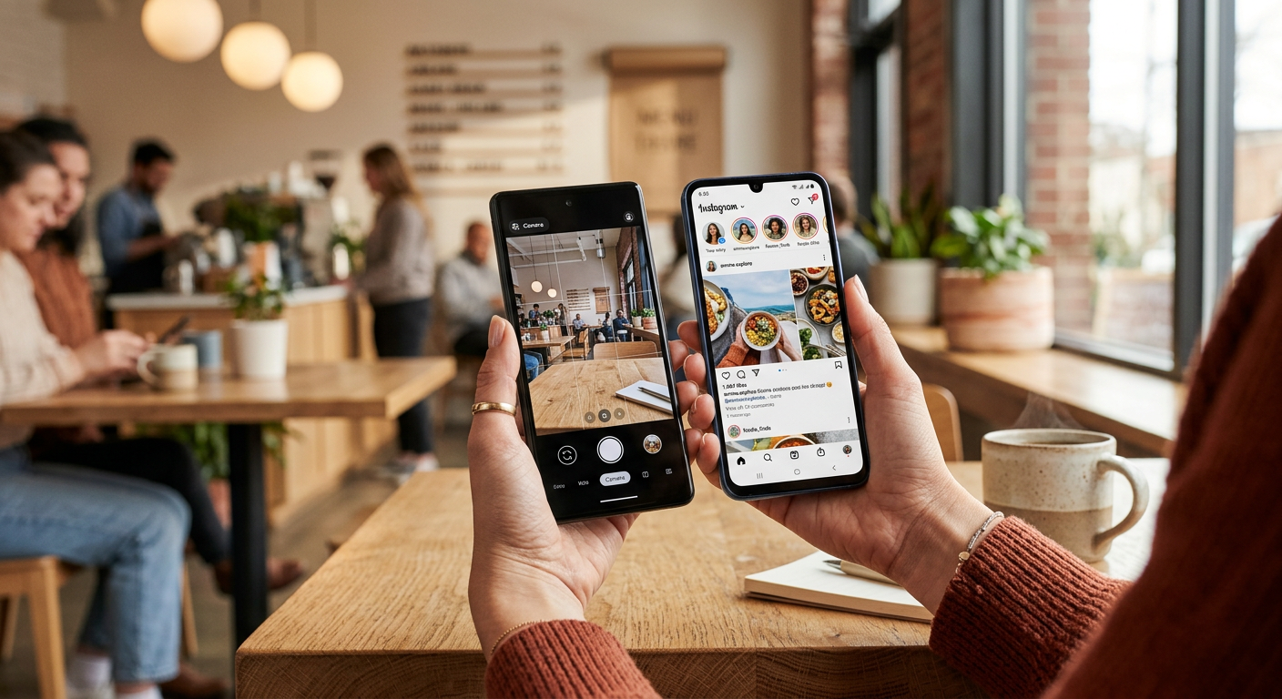 A photorealistic close-up of a hand comparing two budget smartphones in a bright modern café, one showing a camera app and...