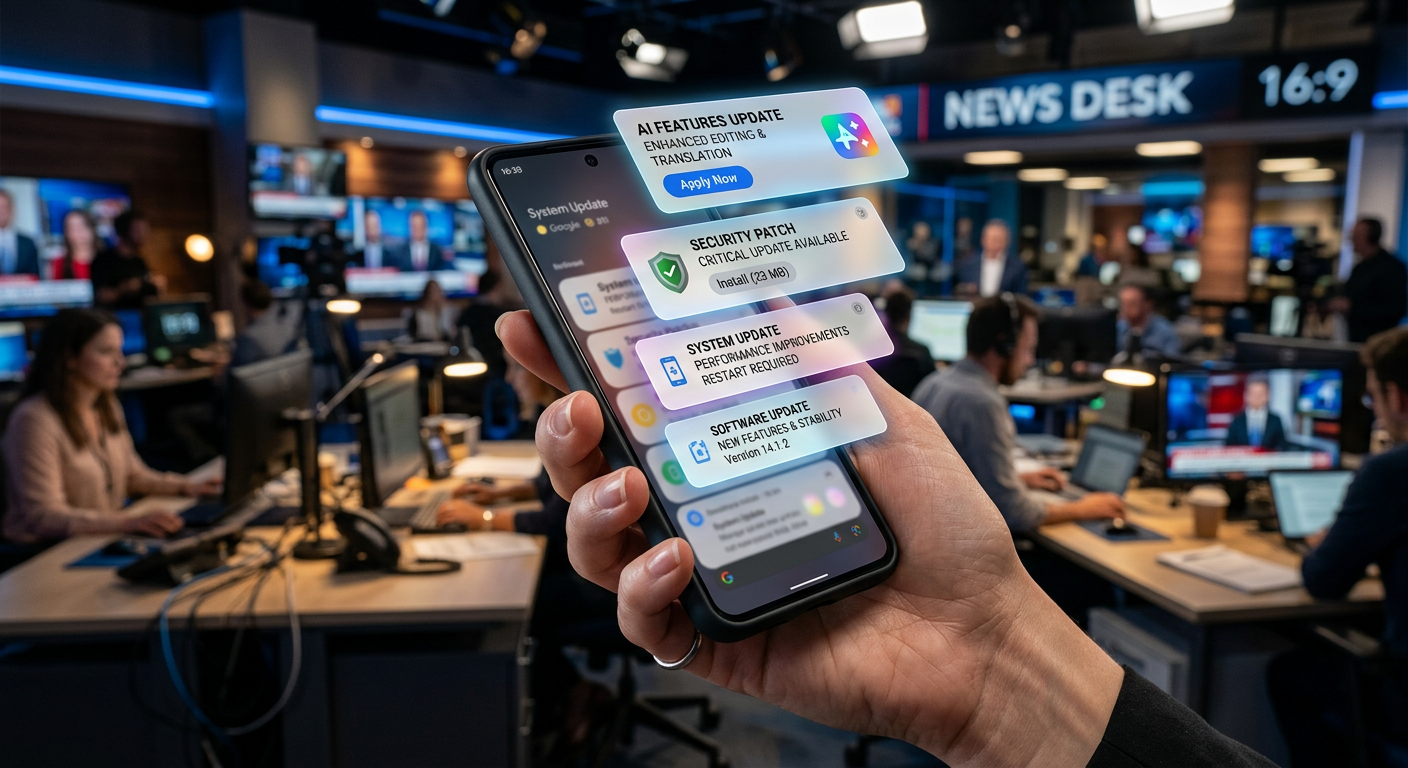 A photorealistic newsroom-style close-up of a hand holding a smartphone with layered notification cards for software updat...
