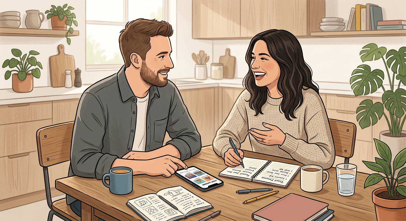 Modern candid interior scene of a couple talking at a kitchen table with notebooks, drinks, and a phone open to event list...