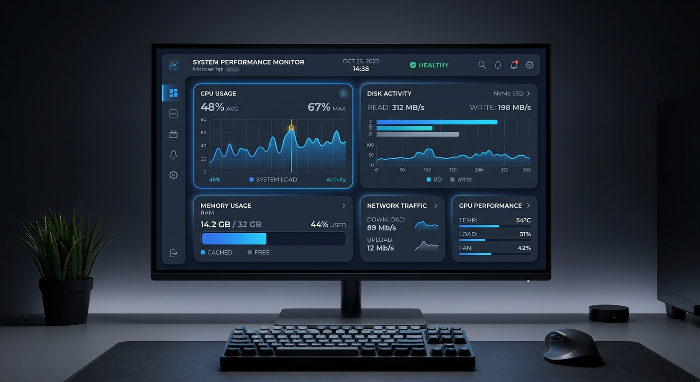 Modern illustrated desktop dashboard showing a system performance monitor with CPU, memory, and disk activity highlighted,...