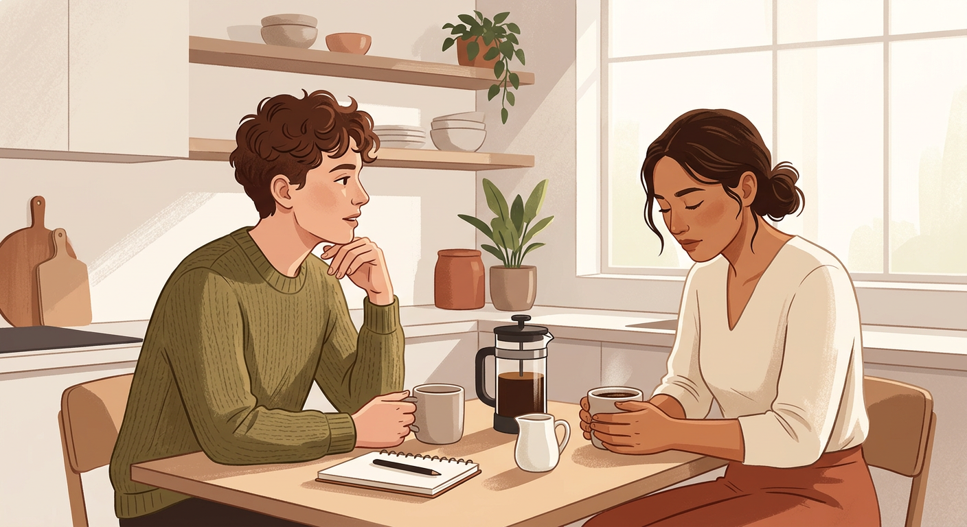 Modern editorial illustration of a couple at a kitchen table with coffee, showing one person speaking thoughtfully while t...