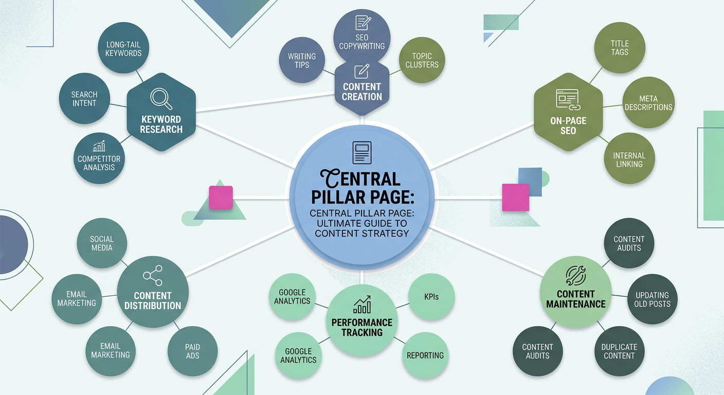 A clean editorial-style illustration showing a website content cluster map with a central pillar page and connected topic ...
