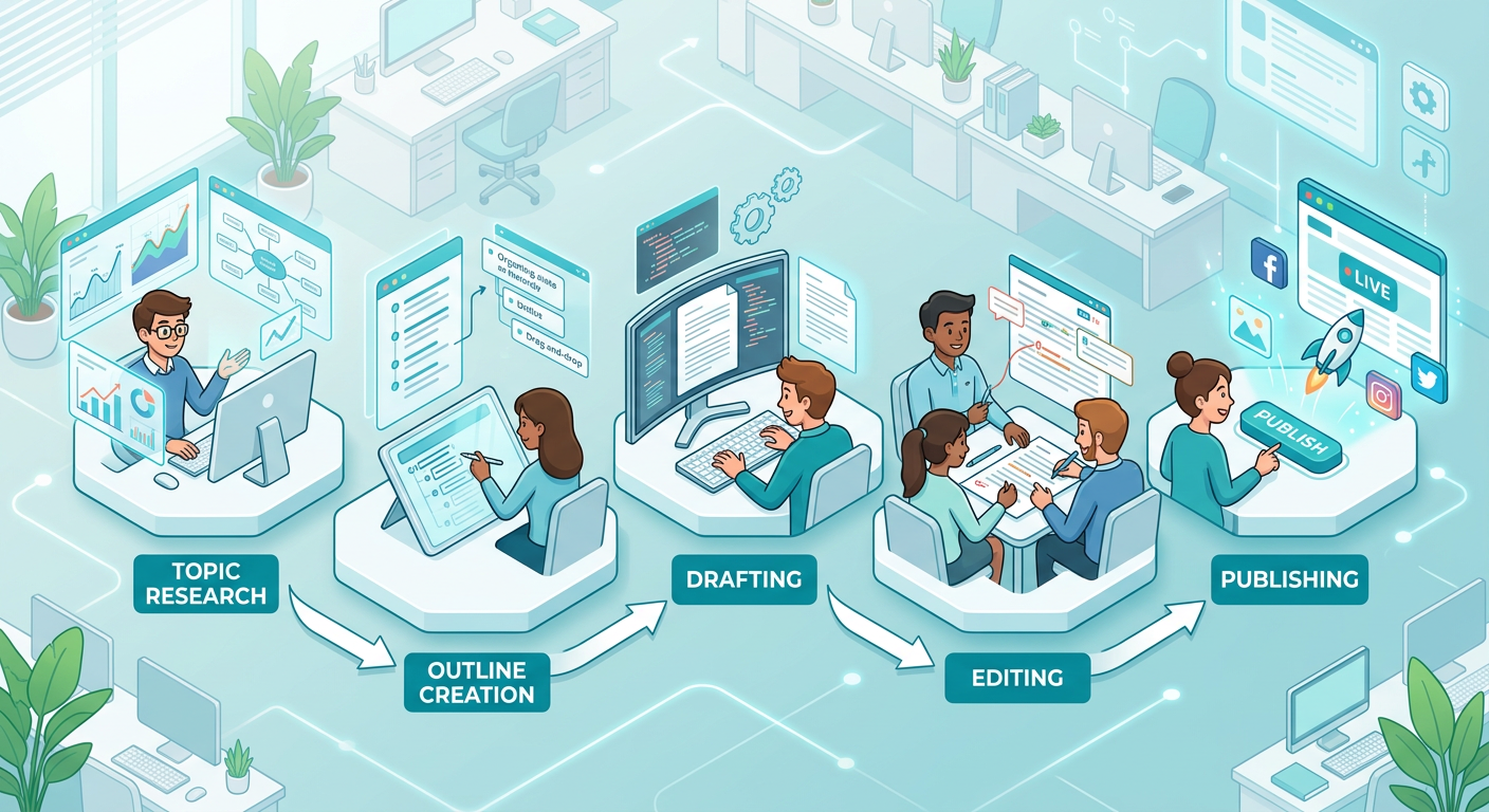 Isometric-style visual showing a streamlined content workflow with topic research, outline creation, drafting, editing, an...