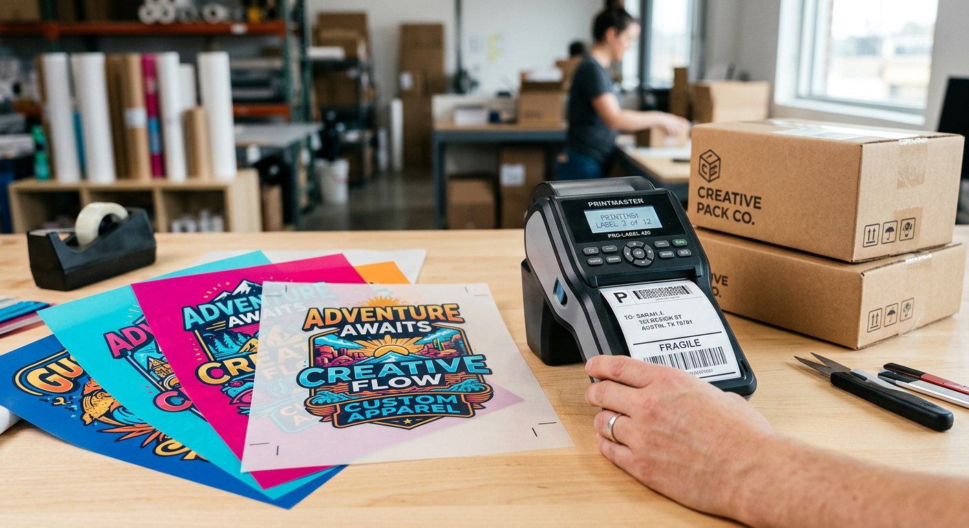 Modern close-up of colorful DTF transfer sheets beside neatly packed shipping boxes and a handheld label printer, editoria...