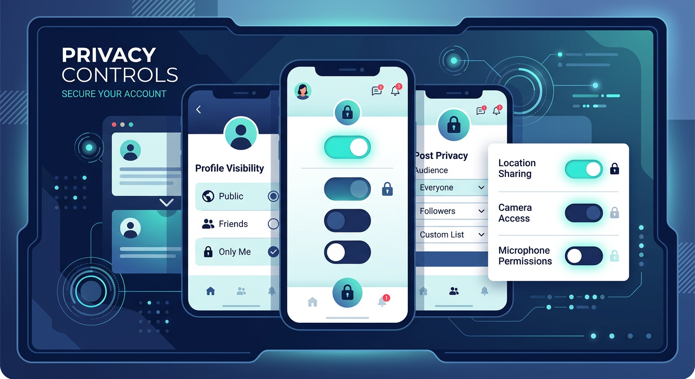 Modern illustrative scene showing multiple social media app screens with layered privacy toggles, lock icons, and audience...